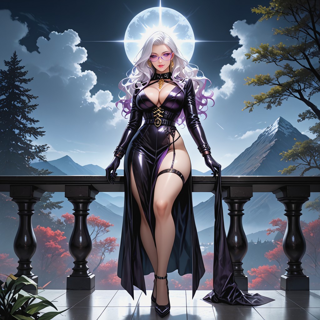 Sittimg On A Bench, Glowing Purple Details On The Skin At The Chest, Snached Waist AI Porn