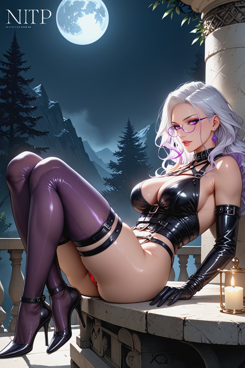 Purple Stockings, Leather Strap, Perfect Legs AI Porn