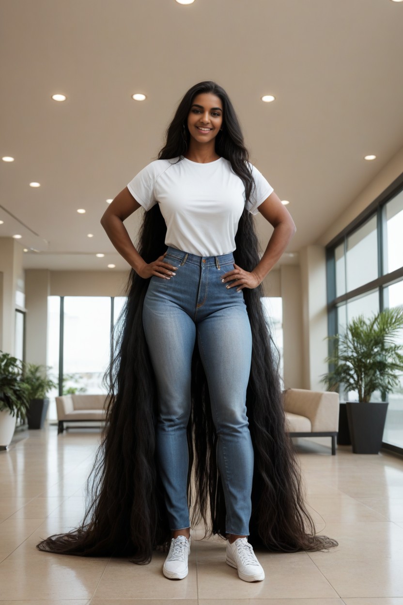 Oversized Colossal Hair Touching The Floor, Very Tall Girlfriend, No Visible People In The Background AI Porn