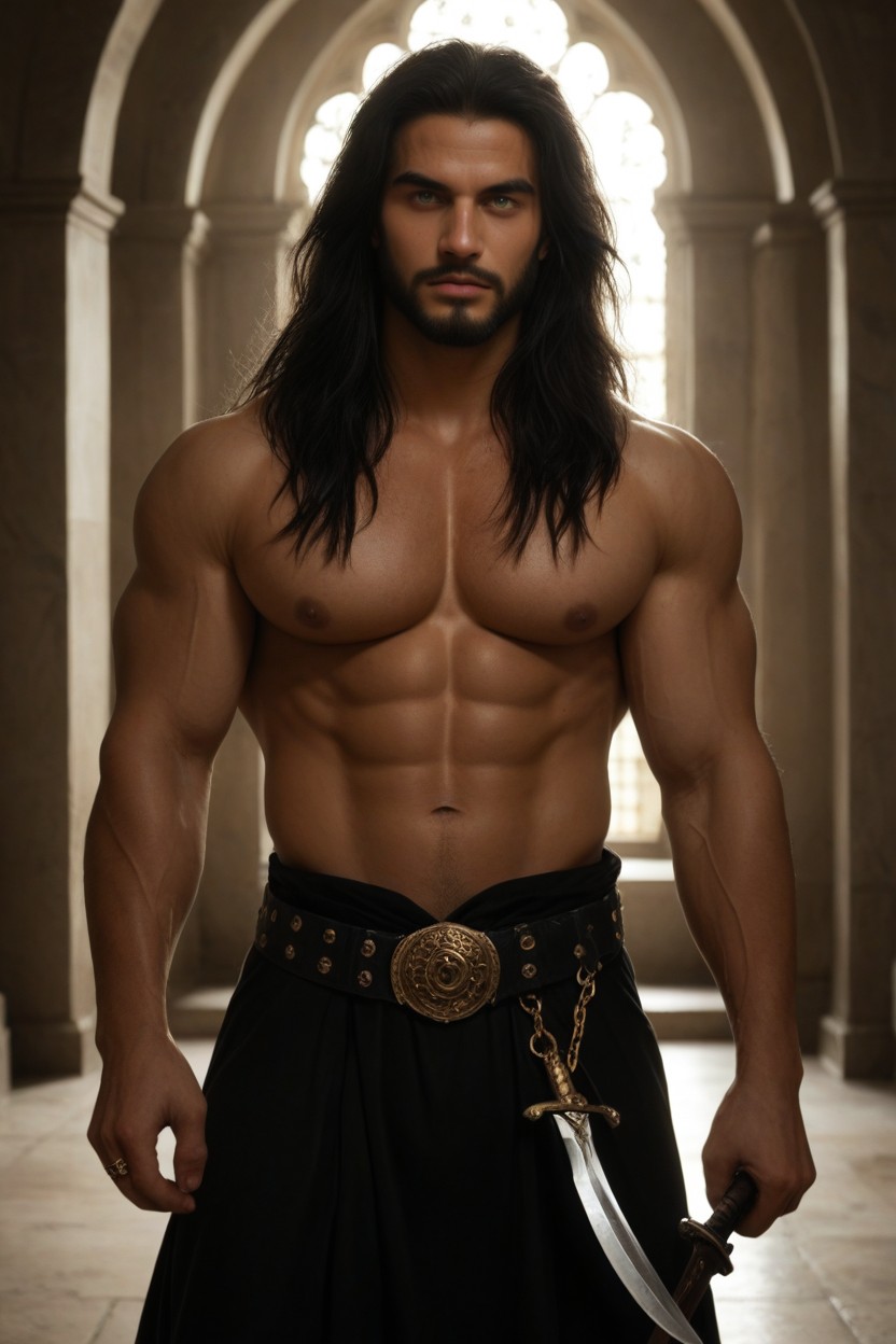 Persian Styled Boots, A Heavy Golden Crescent Chain, Muscular AI Porn