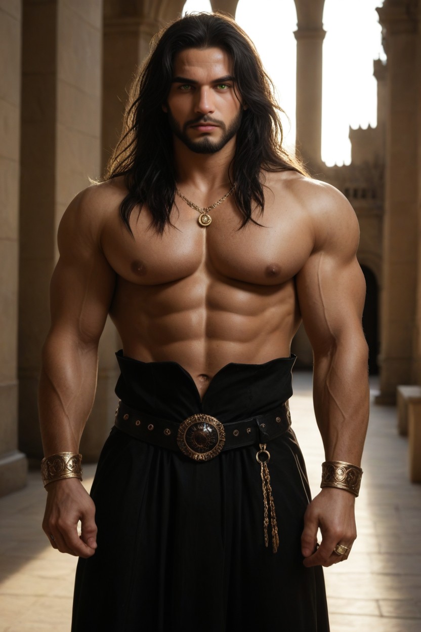 Hard Muscles, Persian Styled Boots, Long Black Hair AI Porn