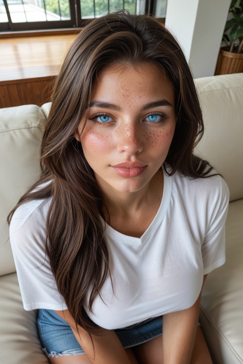 Sitting On Couch, Living Room, Brown Hair AI Porn