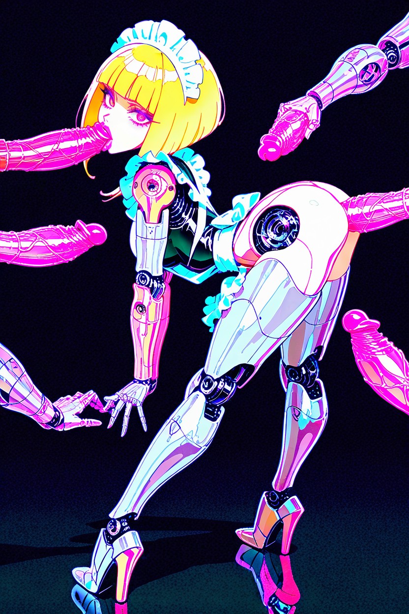 White Maid Headpiece And Apron, Retro Futuristic Robot, Orgasm AI Porn