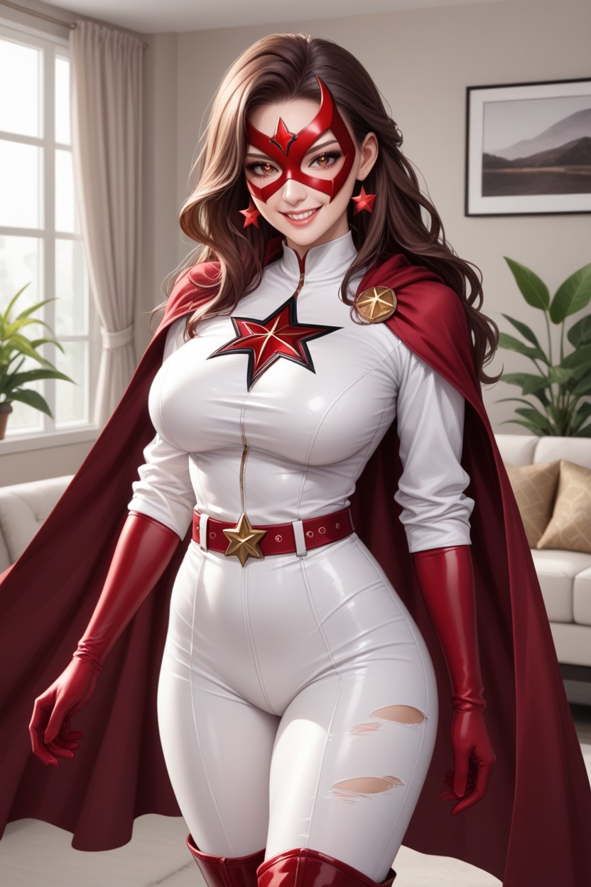 Red Knee High Boots, Long Reddish-brown Hair, Brown Eyes AI Porn