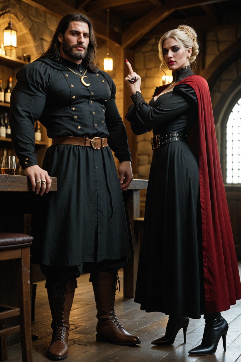 Wears Royalty Long Dark Crimson Medieval Dress, Fantasy Brown Leather Boots Matching Look, Defined Jaw Line AI Porn