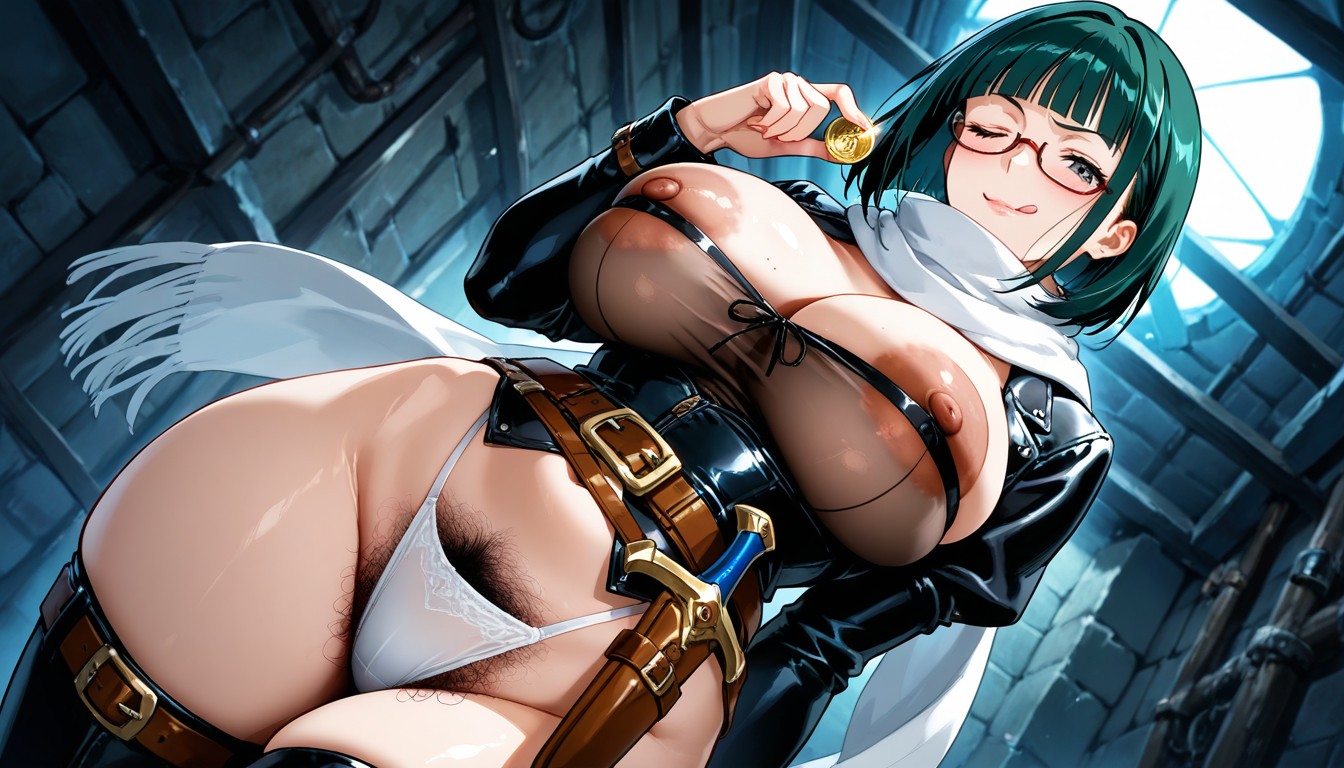 One Eye Closed, Long White Scarf, Soft Breast AI Porn