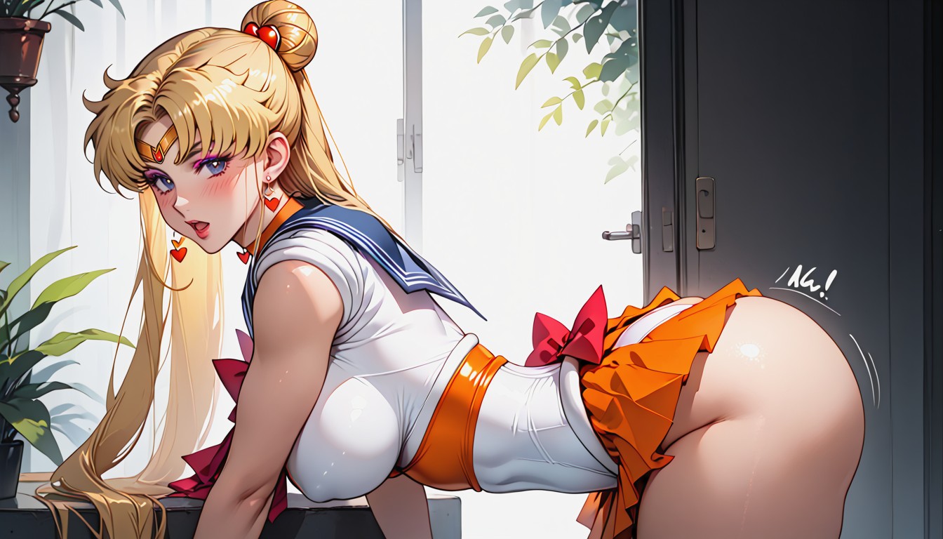 Horny, Red Bow Bun At The Back Of Her Head, White Thong AI Porn