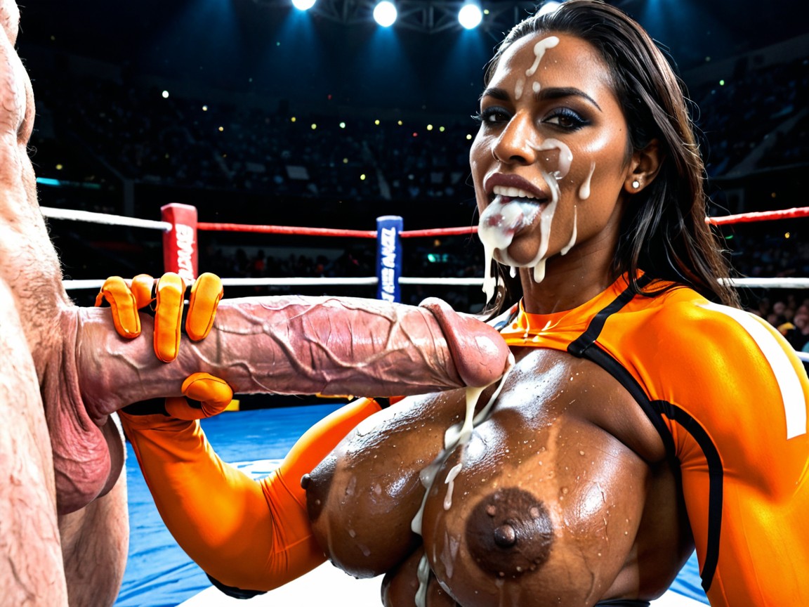 Excessive Thick Wet Dripping Cum, Orange Wrestling Outfit, Luchadora Porno IA