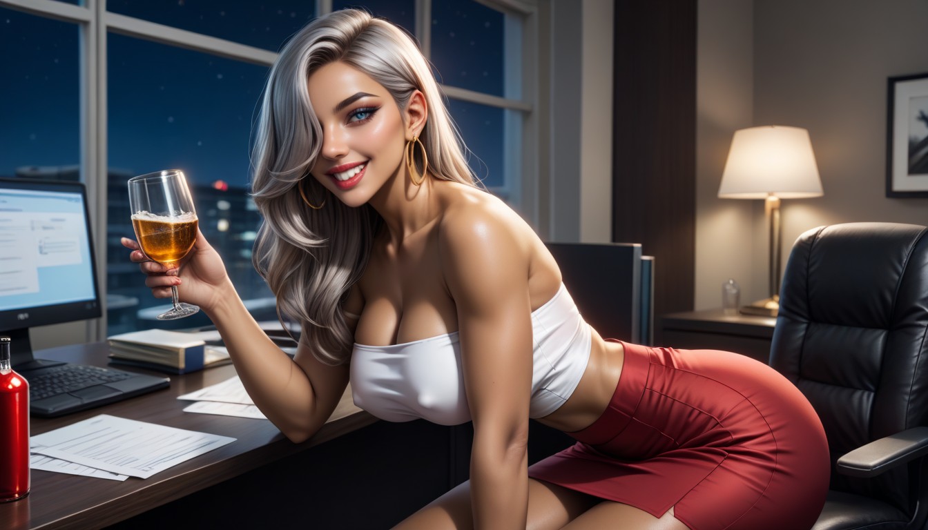 After Hours Seduction, Thighs Exposed, Sitting On Office Chair AI Porn