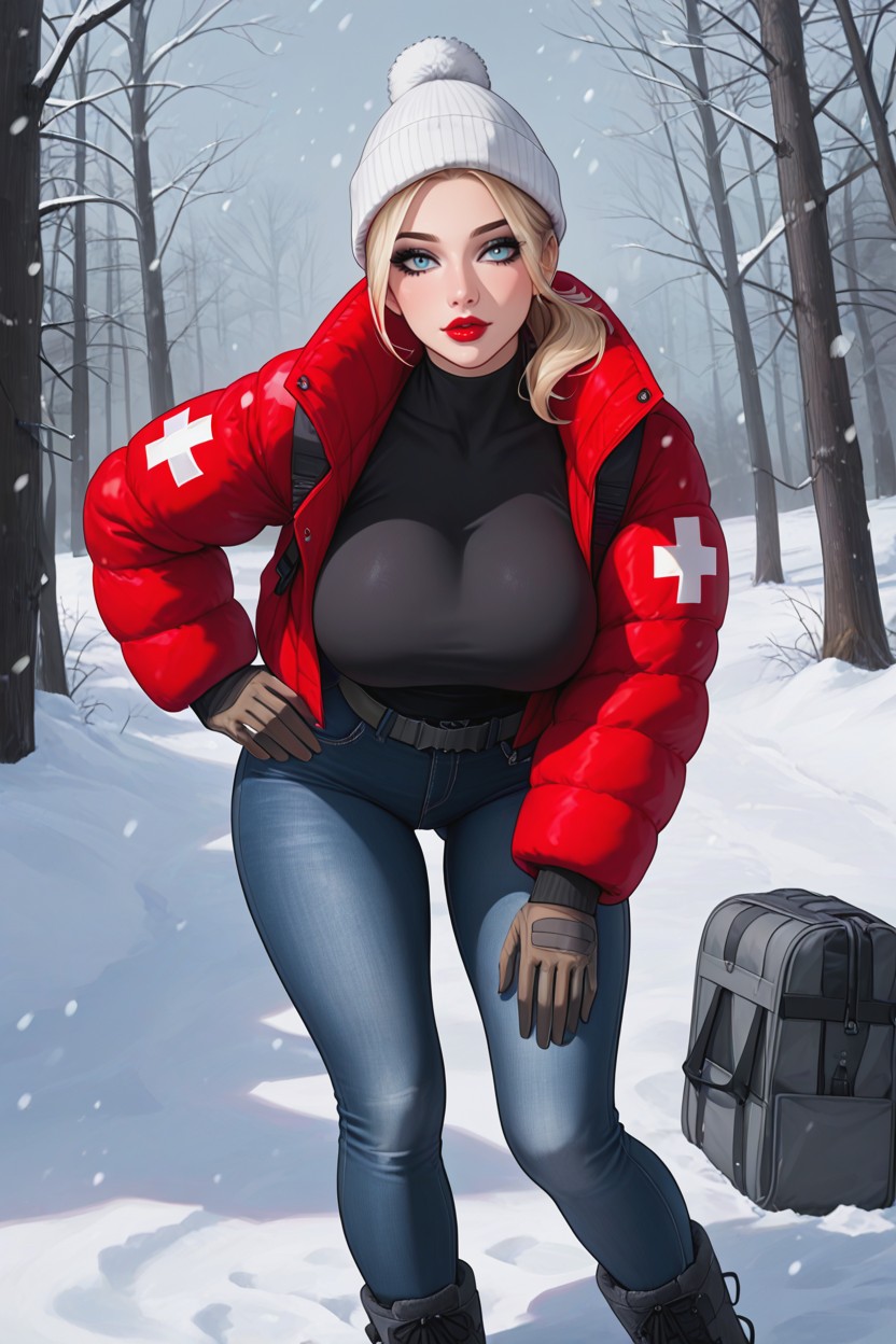 Snowstorm, Lifeguard Woman, Red Winter Boots AI Porn