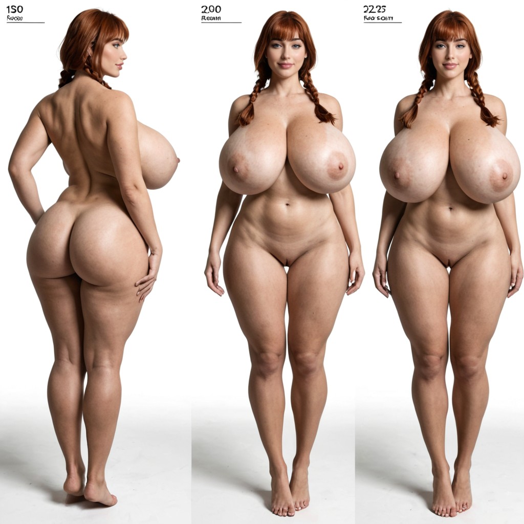 Colossal Breasts Bigger Than Her Body, Side View Facing Away From Camera, White Background AI Porn