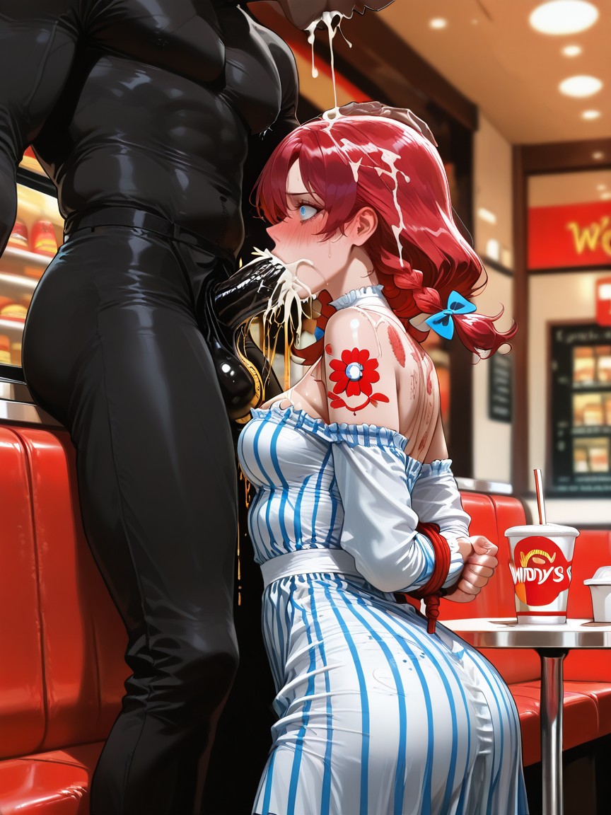 Hyper Length Hyper Girth Black In Her Mouth, Red Hair, Blue And White Striped Dress AI Porn