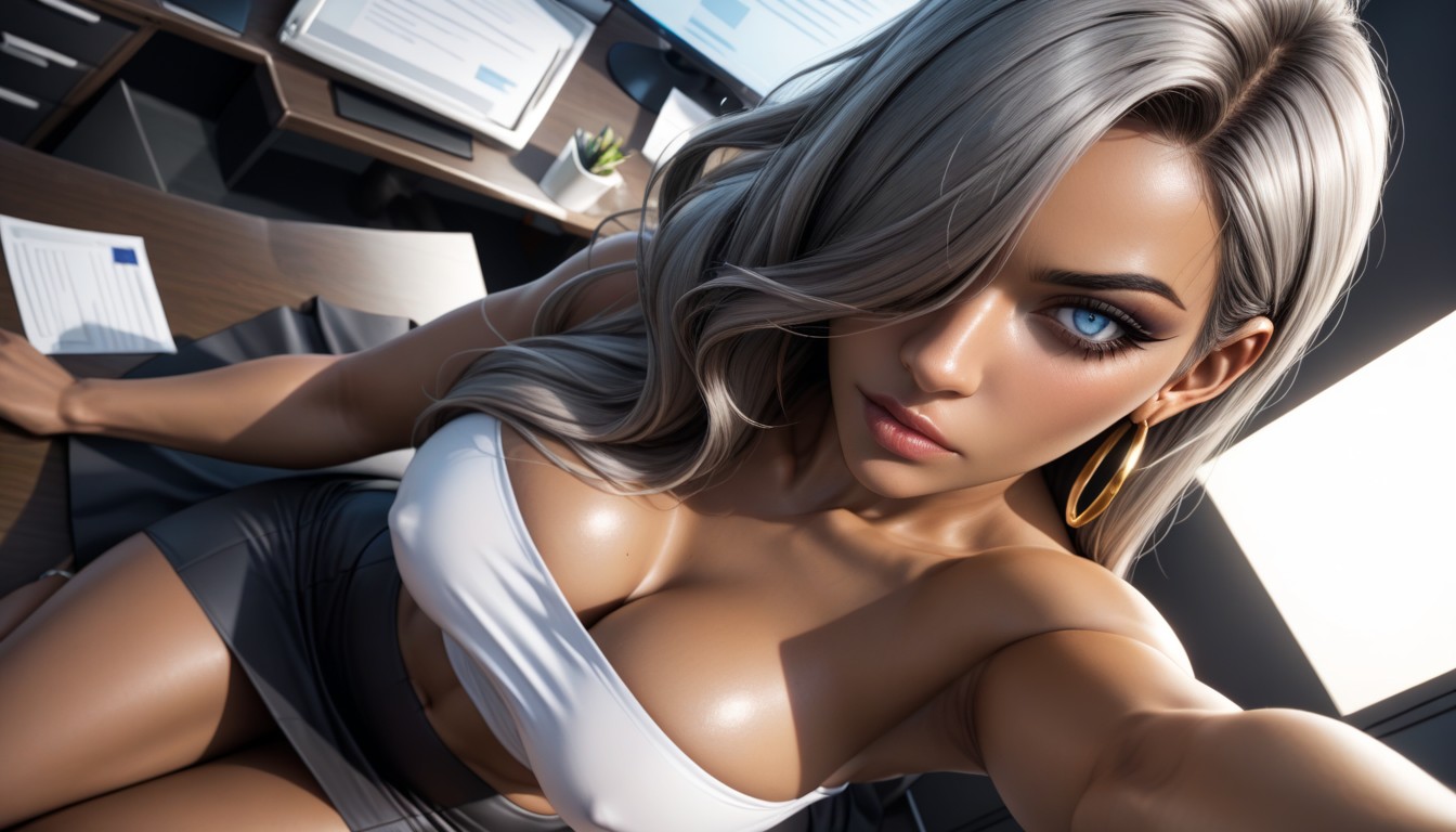 Highlight Full Cleavage, High Definition, Dark Grey Skirt AI Porn