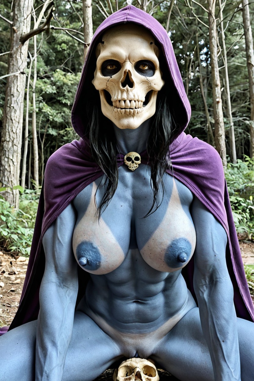 Jack O' Lantern, Hooded Skull Is Her Face And Head, Abs AI Porn