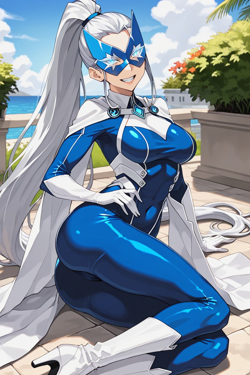 Blue Full Bodysuit With White Elbow Long Gloves, Large Jagged White Collar, Elbow Long White Gloves Porno IA