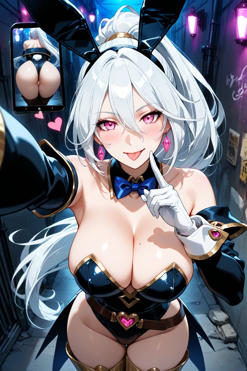 Head Tilted, White Hair, Earrings Bunny Ears Porno IA