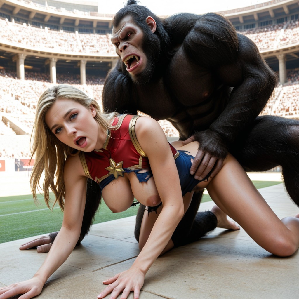 Extremely Beautiful Face, Captain Marvel Running Away From Beast, Fat Giant Beast Is Fucking By A Huge AI黃片