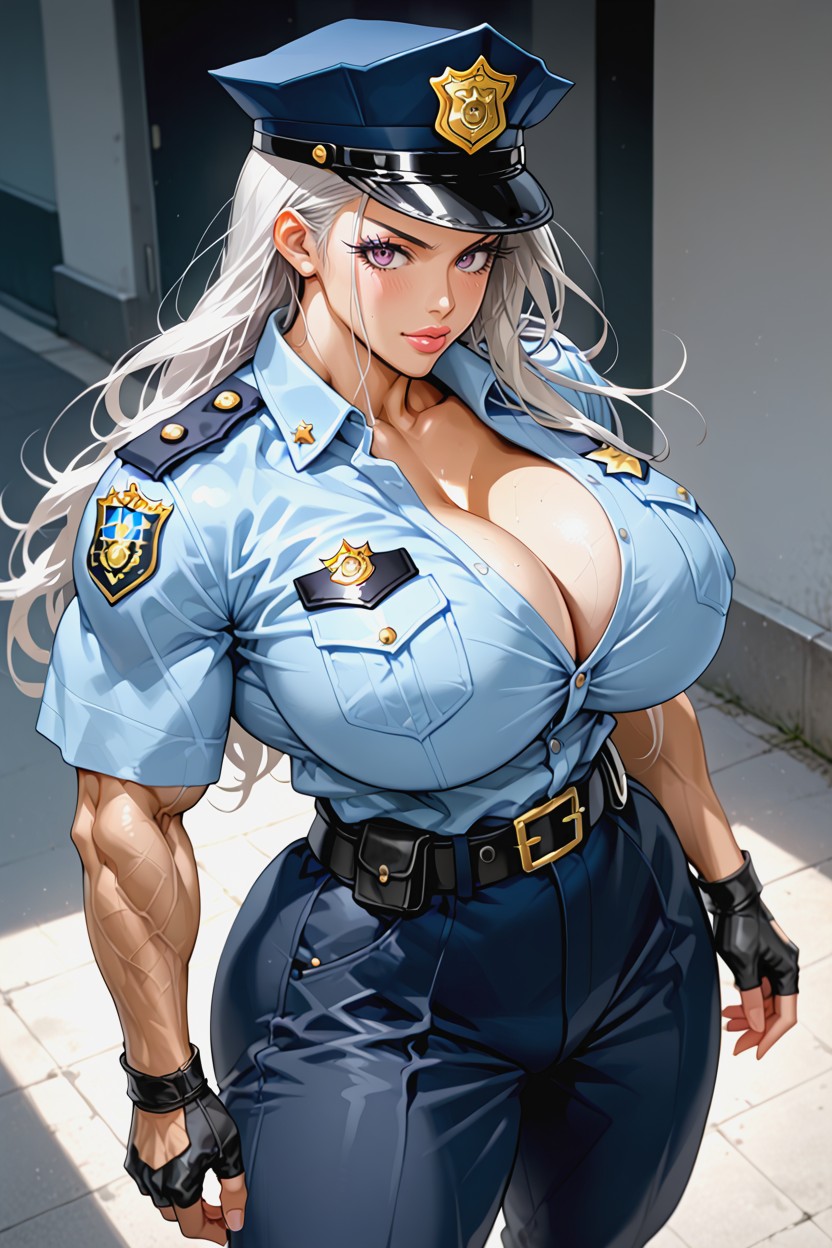 Looking At Viewer, Her Breasts Look Extremely Unnatural, Very Muscular AIポルノ
