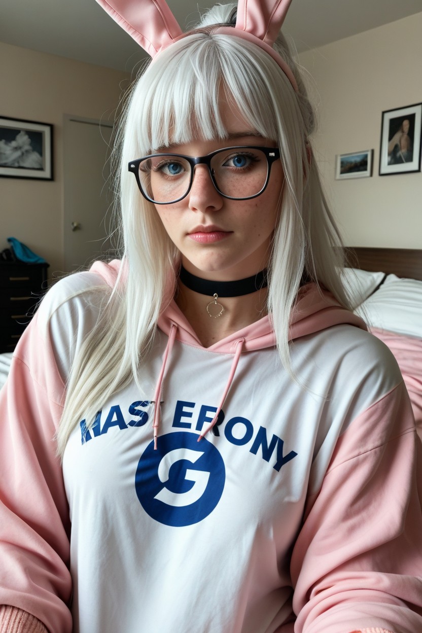 Blue Logo On Her Shirt, Long Hair, Pastel Pink Oversized Hoodie AI Porn