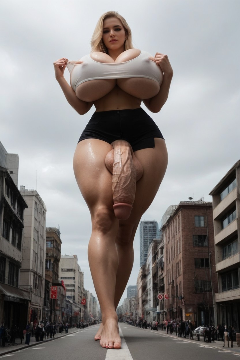Landscape Panoramic View From Below Of A Blonde Macro Futanari Goddess Standing With An Entire City Between Her Feet, Viewer Is At Her Feet And Looking Up At Her Face She Has A Massive Flaccid Long Veiny Futanari Cock She Is Wearing A Wet White Crop Top And Her Breasts Are Showing Through The Fabric Her Body Is Facing The Viewer, Macro AI黃片