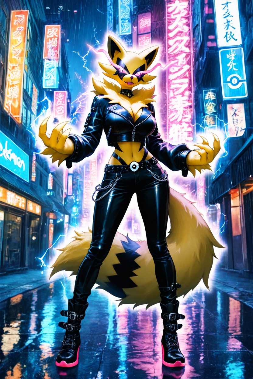 Ultra-detailed, A Soft Muzzle With A Nose And Sharp Playful Fangs, A Fluffy Lightning-shaped Tail Glowing Faintly With Electricity AI黃片
