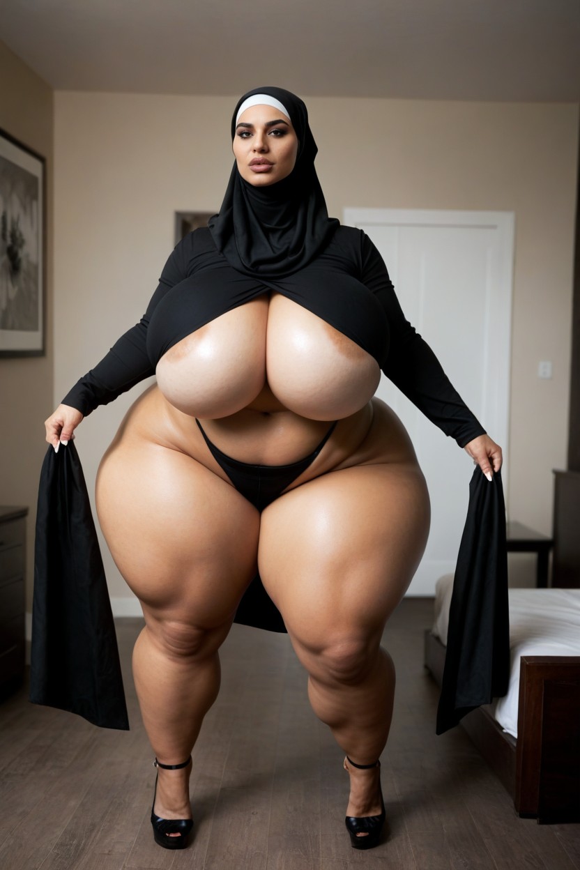 Muslim Women Standing, 거대한 가슴, Wearing Black Hijab Complete Body AI 포르노