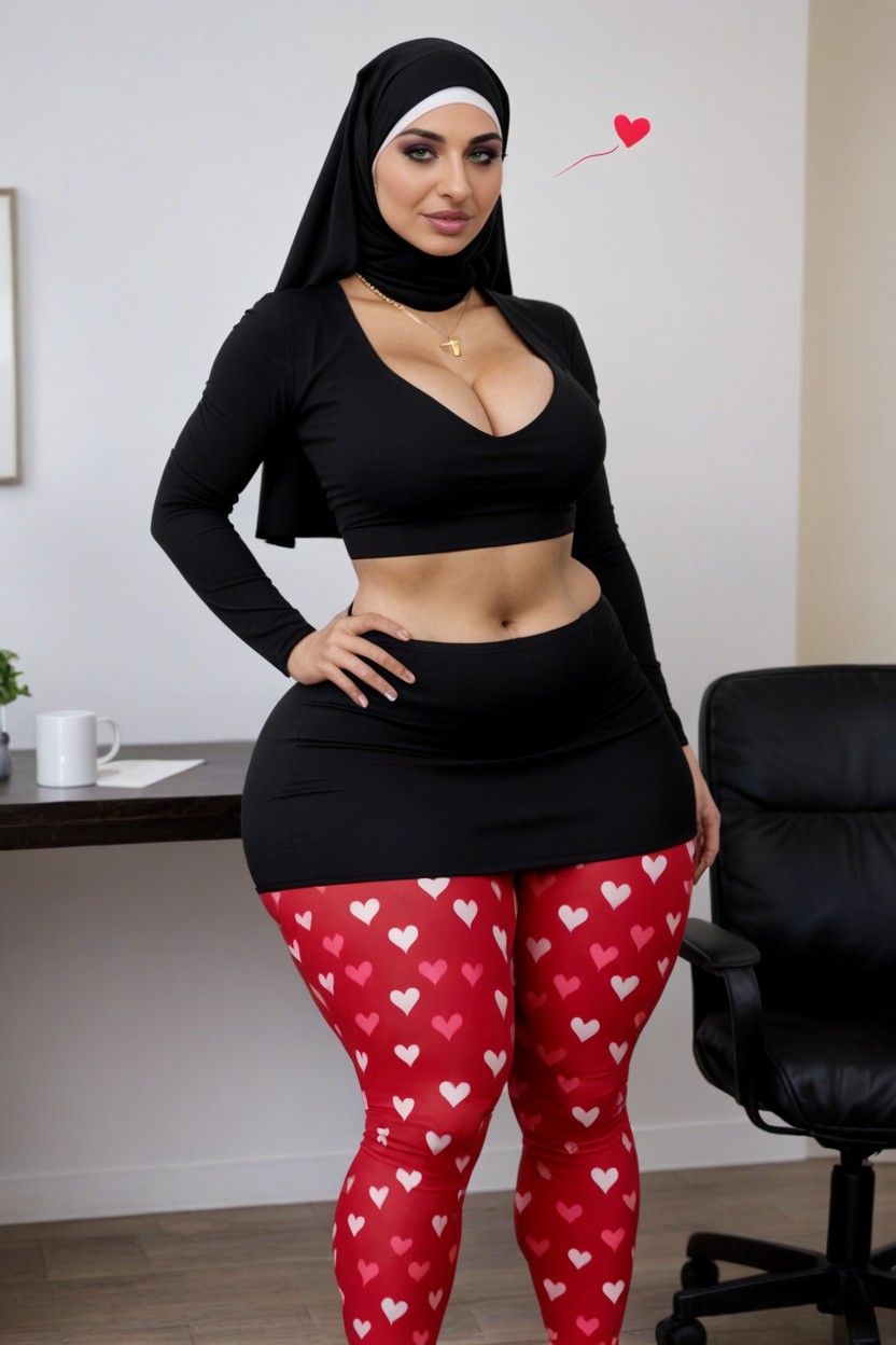 Bimbo, Geometric Heart Pattern Print Leggings, 작은 가슴 AI 포르노