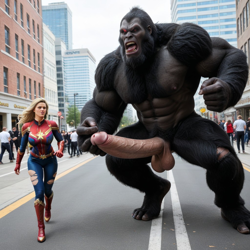 Captain Marvel, The King Kong-like Giant Beast Is Chasing The Woman From Behind, Detailed Face AIポルノ
