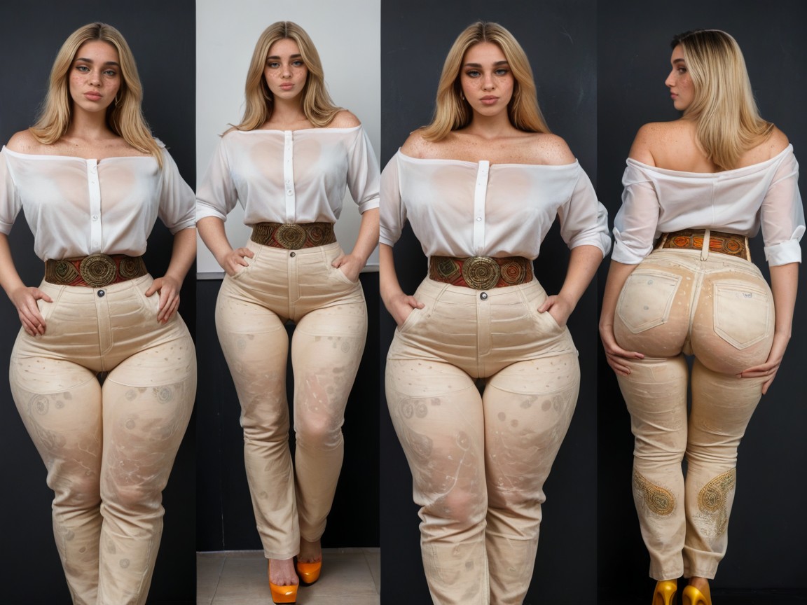 Blue Eyes, Wide Brown Leather Belt With Aztec Print, See Through AI Porn