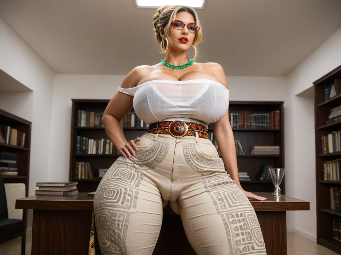 Massive Cleavage, Hyper Exaggerated Hip To Waist Ratio, Worn Beige Pants Porno IA