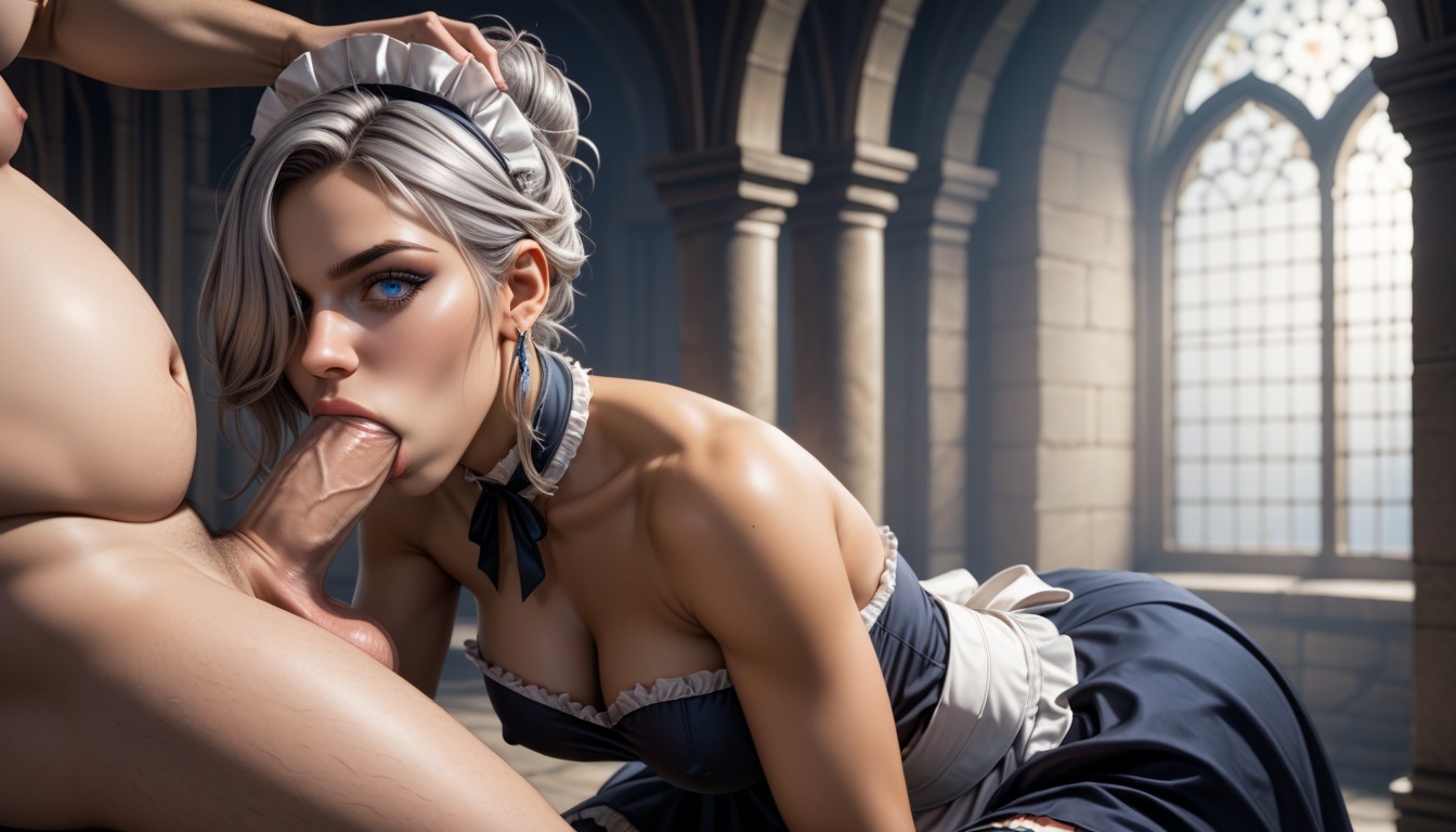 Grabbing Head, Squatting, Strapless Maid Skirt AI Porn