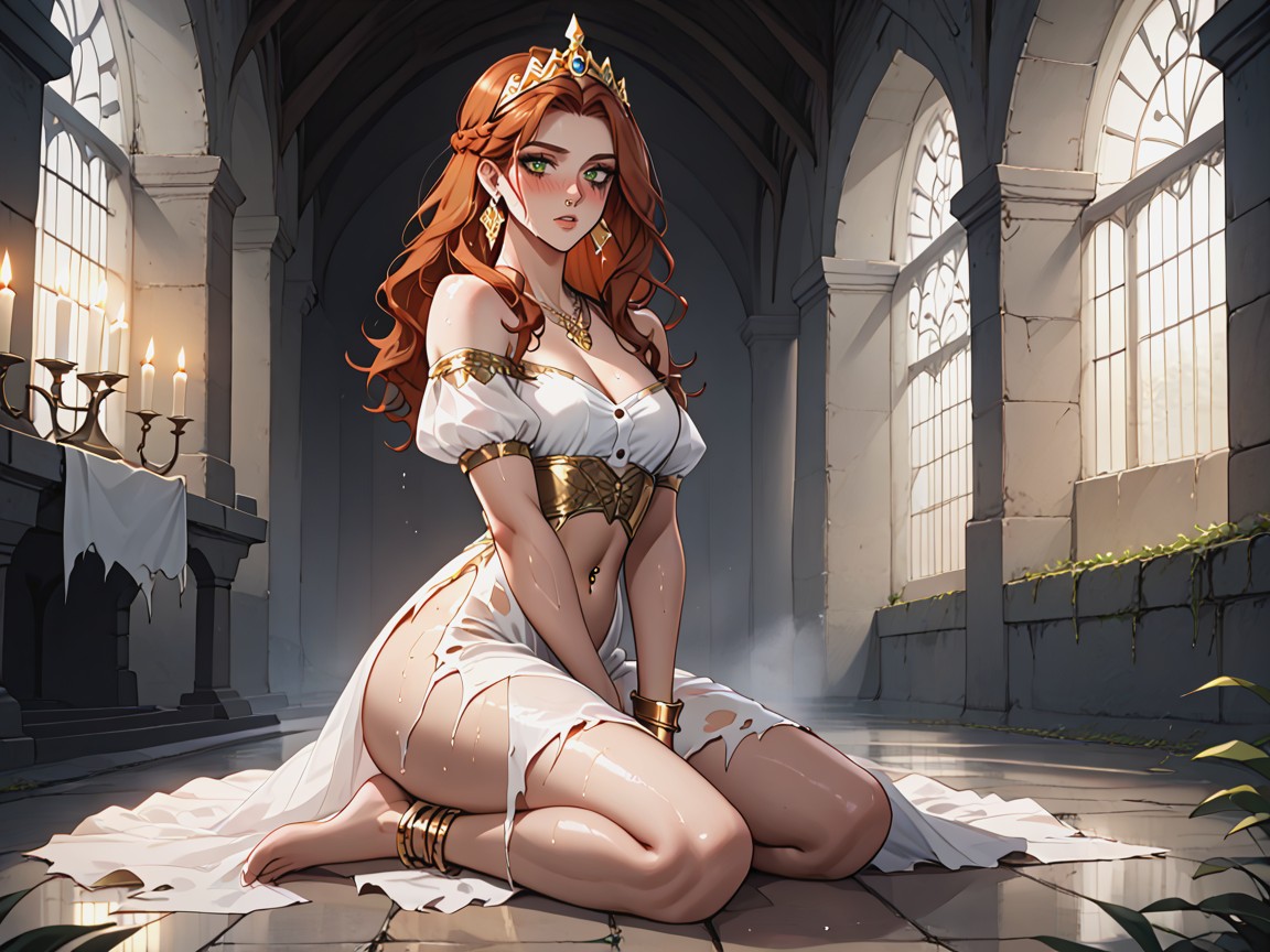 Long Lashes, White Ornate Dress With Gold Accents, Pechos Pequeños Porno IA