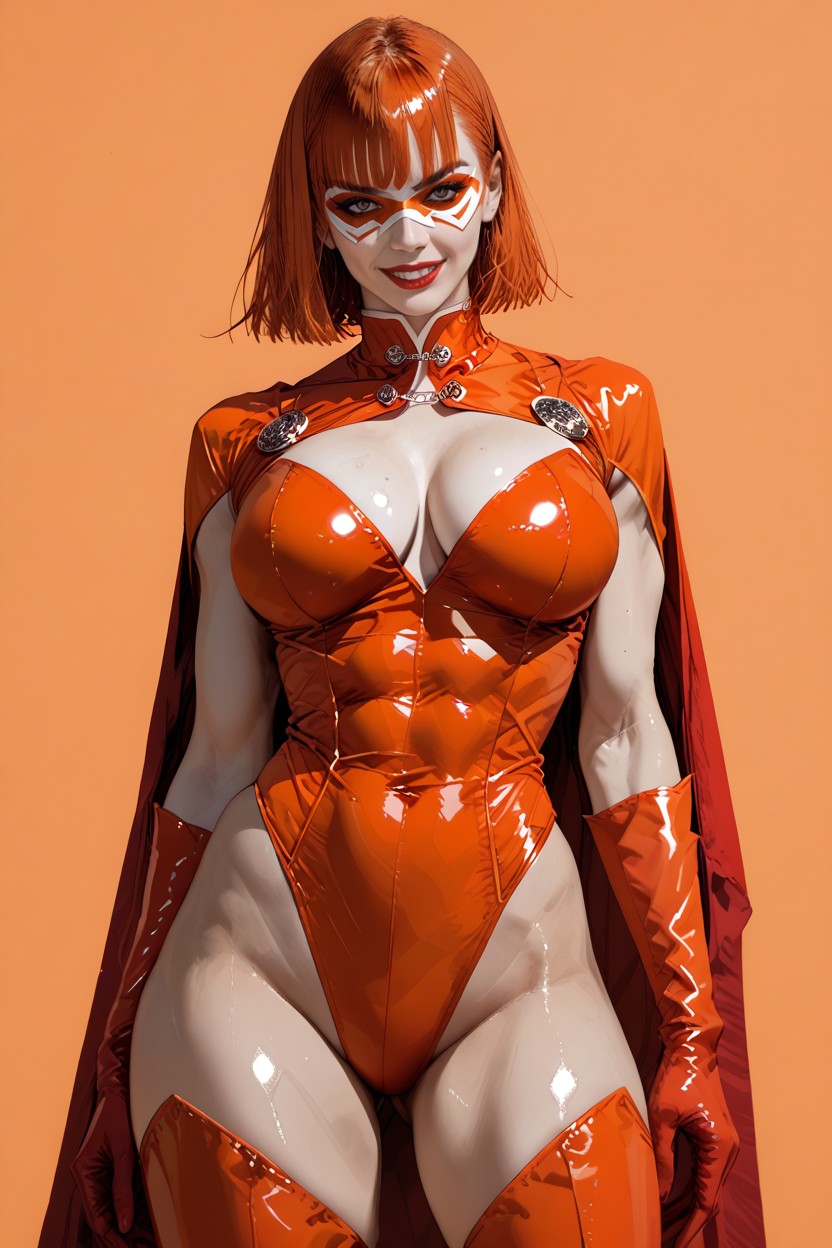 Hyper Waist, Costume All Red With Orange Piping, Massive Breast AI Porn