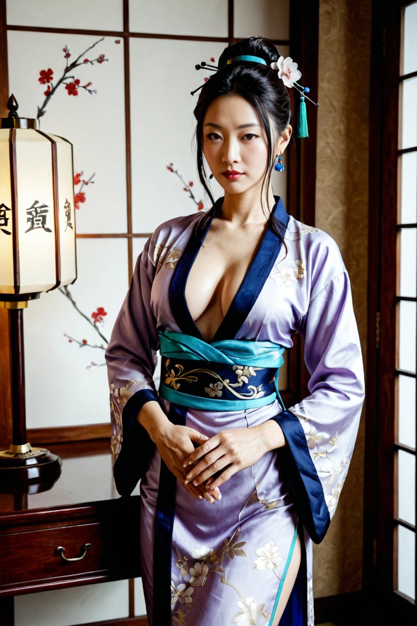 Seduced Facial Expression, Hand Resting Lightly On Chest, Cosplay Pornografia de IA