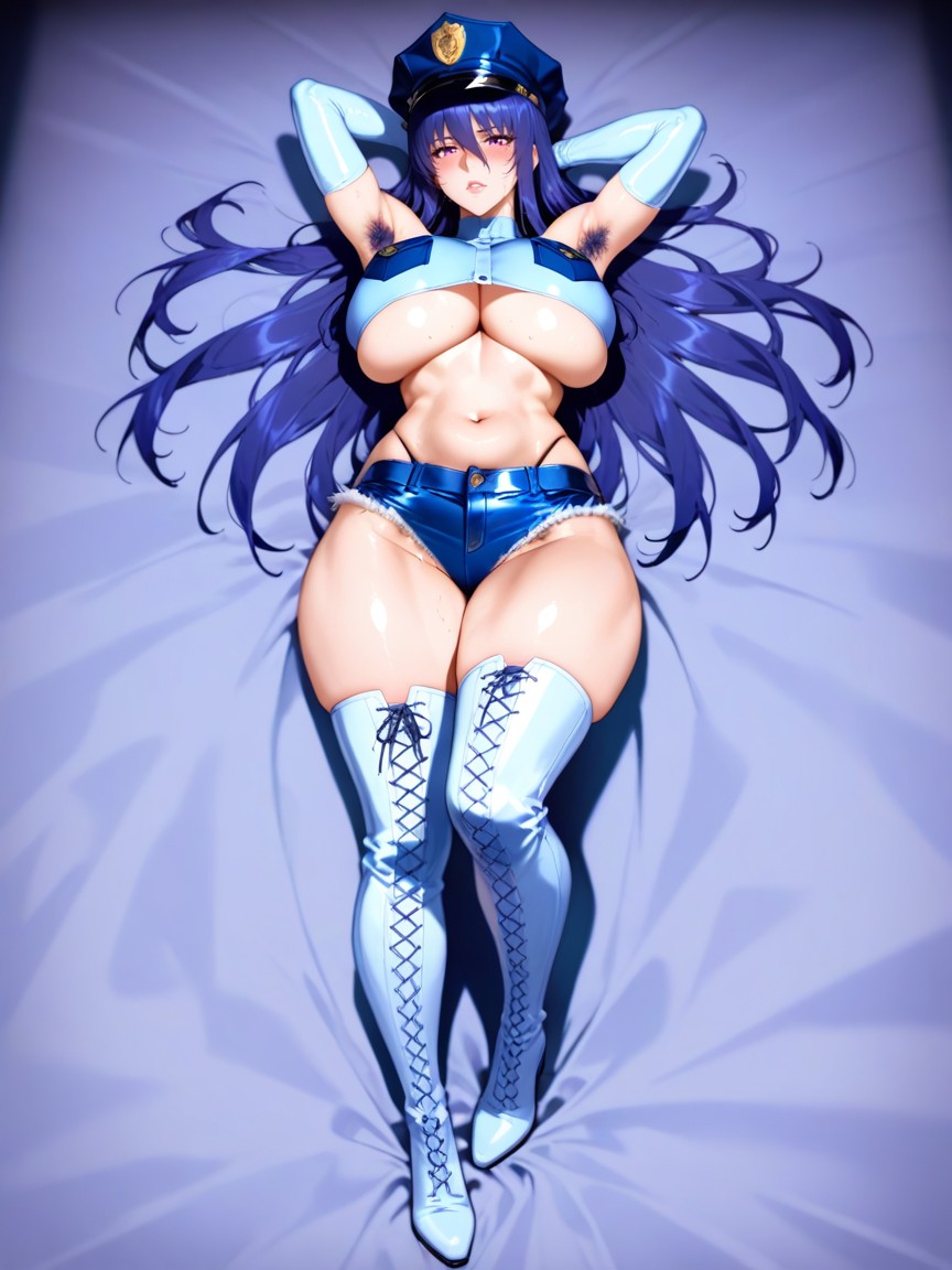 White Lace-up Thigh-high Boots, Breasts About To Spill Out, Hands Behind Her Head AI Porn