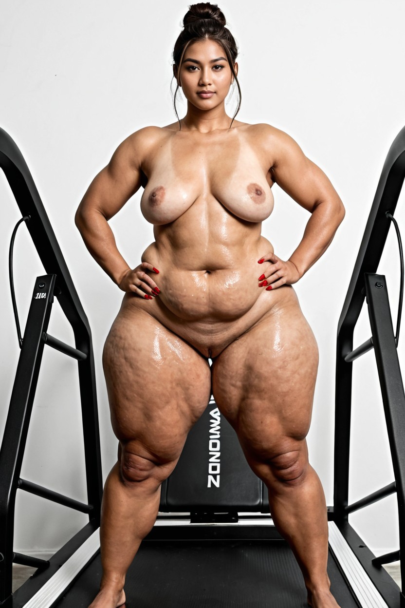 Standing On Wide Treadmill, Very Tall, Cellulite Thighs AI黃片