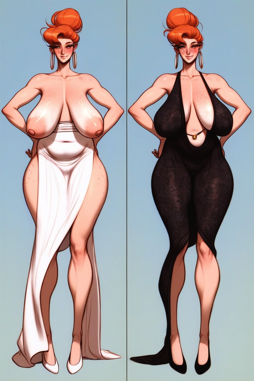 Uneven Breasts, Belly Ring, Color Blocking Toon Art Style Porno IA
