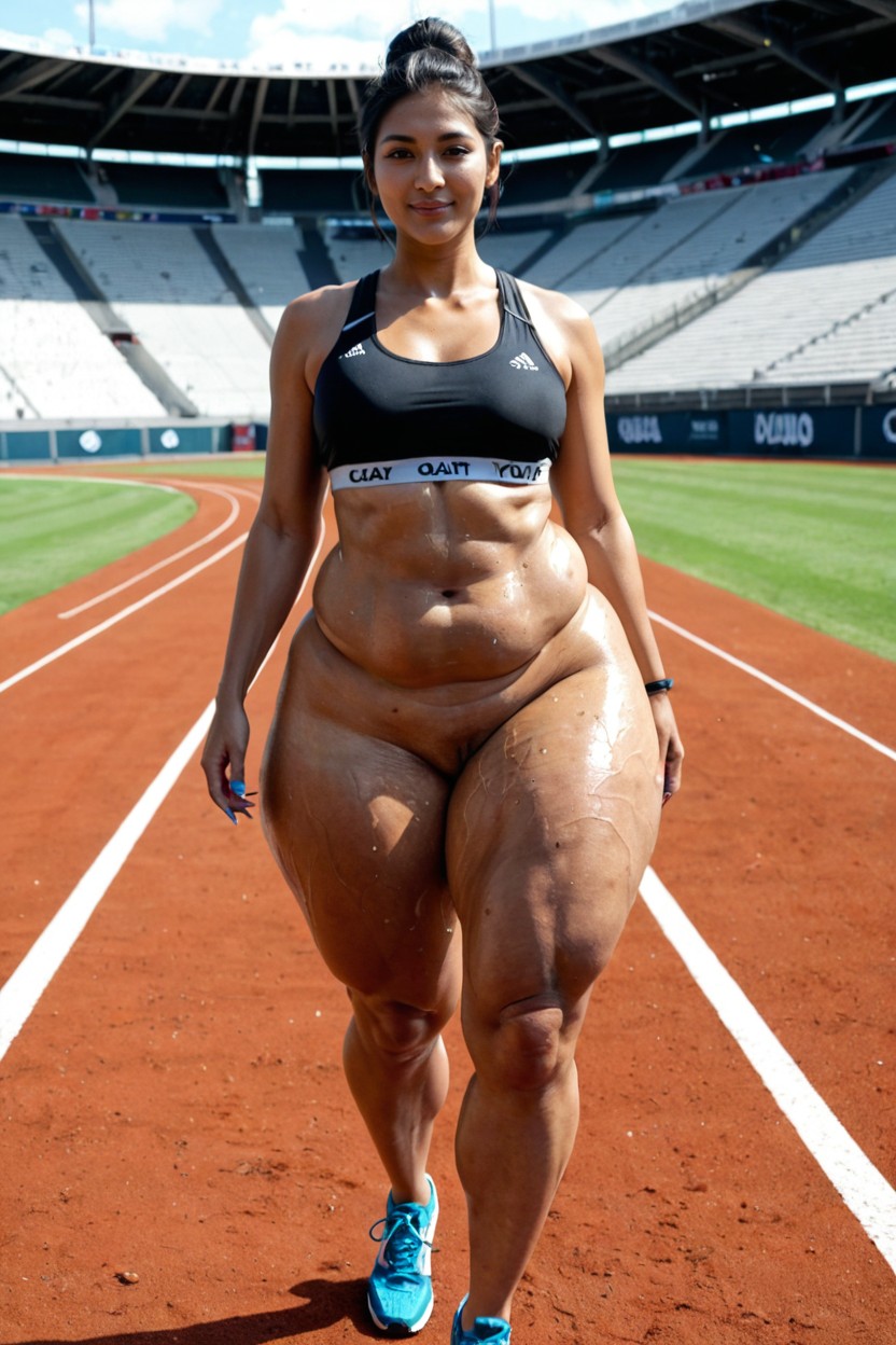 Gigantic Thighs, Cellulite Thighs, Walking On Stadium Track AI Porn