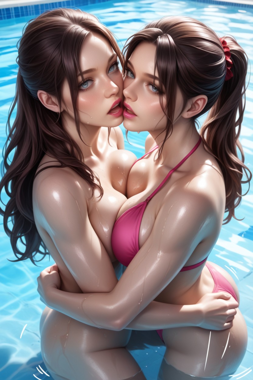 Closely Hugging Press Standing Missionary Position, Skinny, Pink Bikini AI Porn