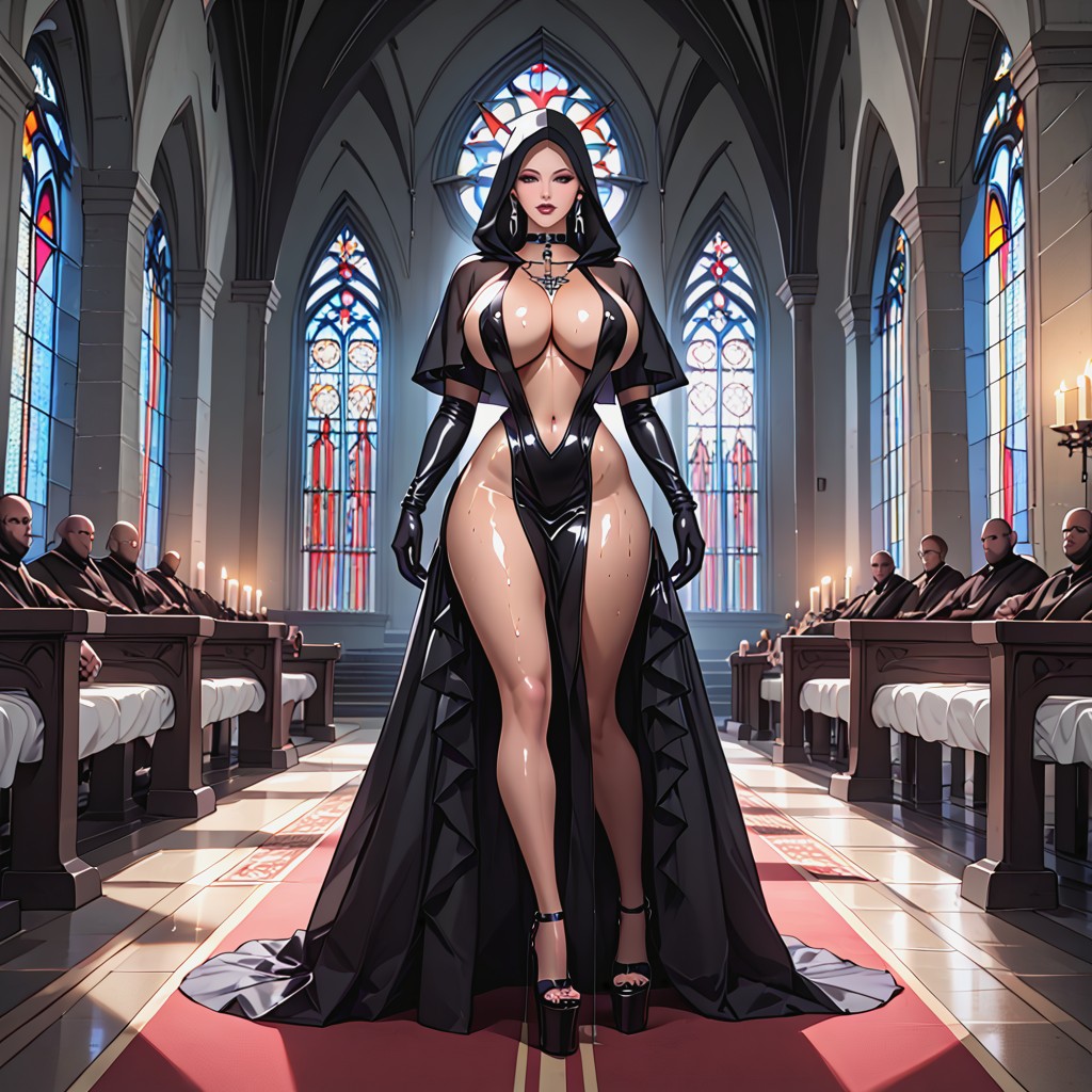 Colossal Rounded Breasts, Glossy Hooded Silk Gown, Gang Bang AI Porn