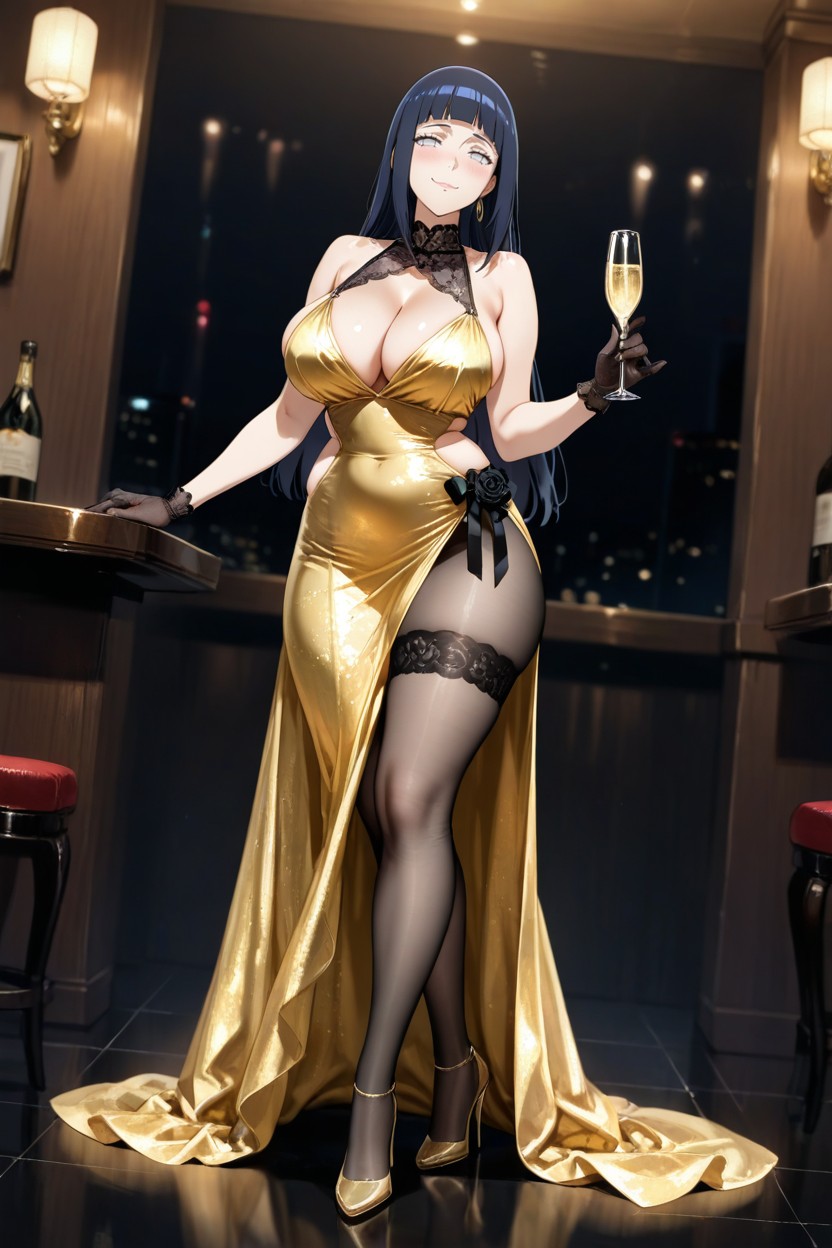 Smug Expression, Golden Dress, Black Nylon Shoulder-length Gloves With A Gooseberry Pattern AI黃片