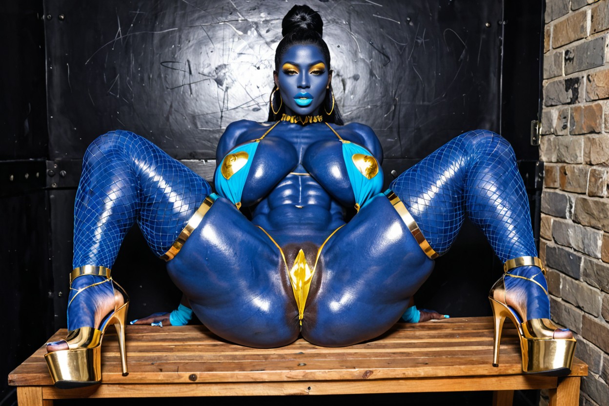 Beautiful Bimbo, Metallic Gold Slingshot Bikini, Kneeling Over Laying On Sex Bench Porno IA