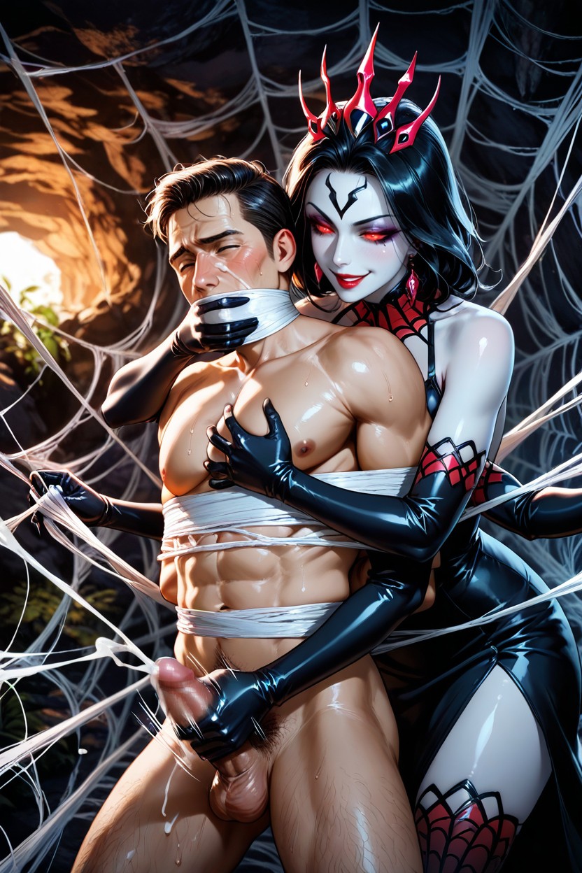 Athletic Toned Body, Man Restrained With Spider Webs, Jet-black Hair AI黄片