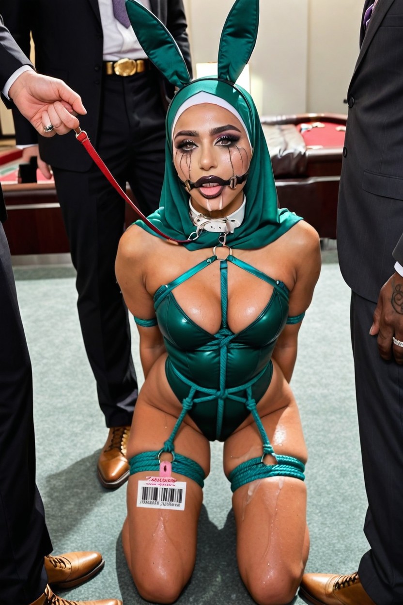 Wearing Playboy Ears On Top Of Hijab, Replace Her Hair By A Green Hijab, Dark Lipstick Porno IA