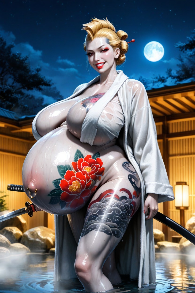 Navel Piercing, Blonde Hair, Bathrobe Porno IA