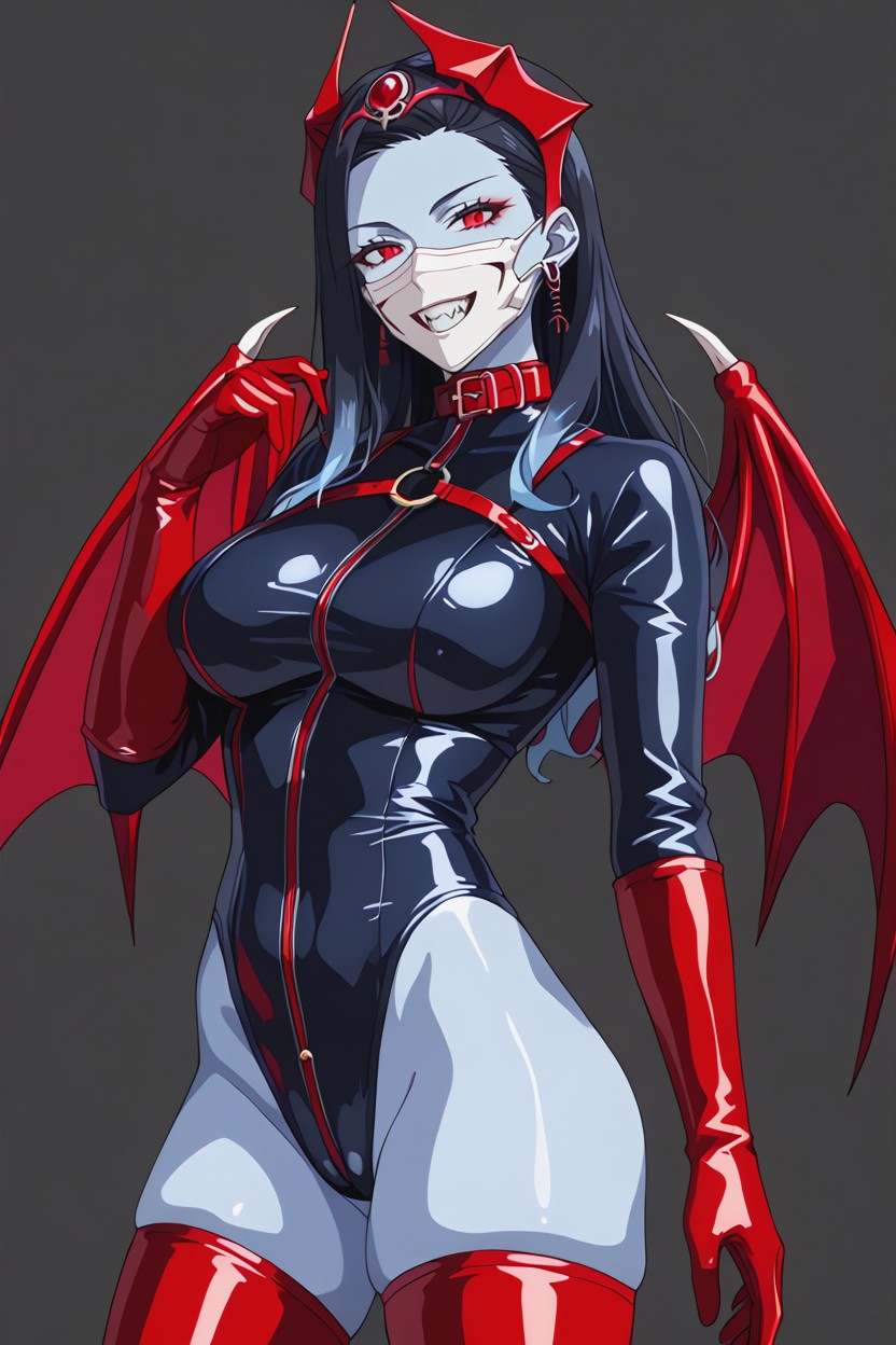 Red Forearm Latex Gloves, Light Blue Skin, Bare Teeth AIポルノ