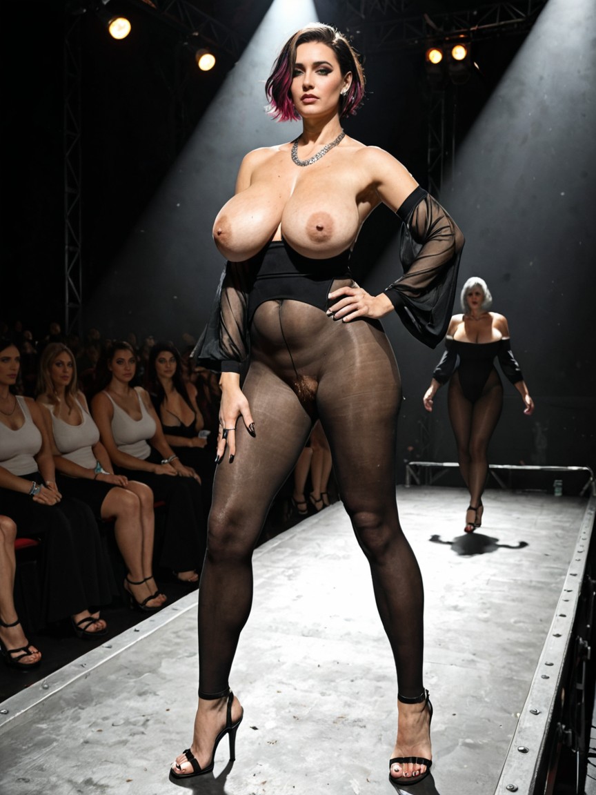 진지한, Shiny Nylon Plain Bodystocking On Full Body With Sleeves And Covered Fingers, 거대한 처진 가슴 AI 포르노