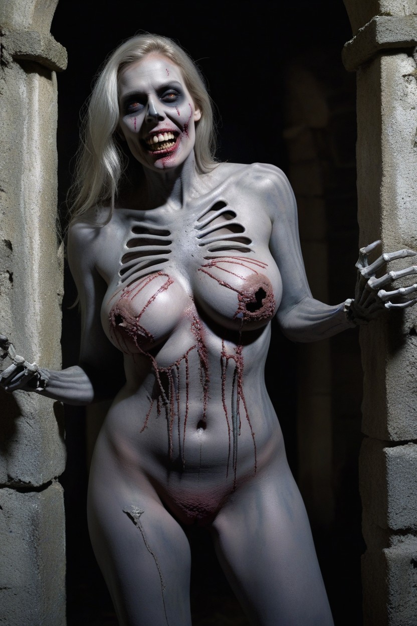 Partially Visible Skull, Sweaty, Big Hole In Boobs AI 포르노