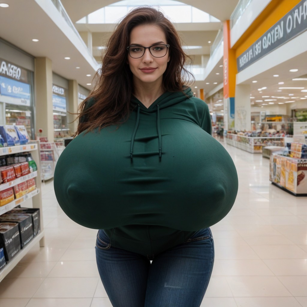 Black Jeans, Breasts Fully Covered By Hoodie, Glasses AIポルノ