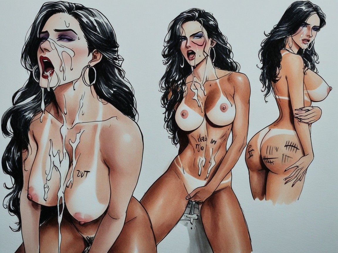 Excessive Tally Marks, Half Dozen Men Cumming On Her Body, Messy Hair Pornografia de IA